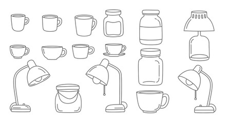 Collection of Hand-Drawn Objects Including Cups Lamps and Jars.