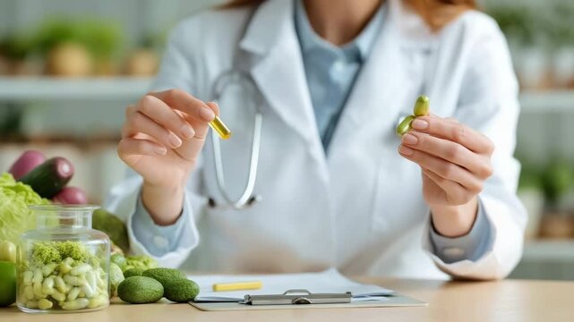 Female doctor/nutritionist offering vitamin capsules with natural food sources nearby