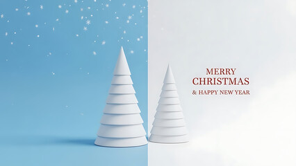 White Christmas Trees Standing on Blue and White Background with Snowflakes Falling Around