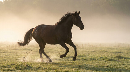 A beautiful dark horse canters gracefully across a field. The morning mist creates a hazy, ethereal effect around the animal as it enjoys its freedom.