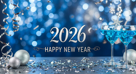 Festive scene with glasses, ornament, and confetti on a blue background. It represents a new year celebration, cheerfulness and anticipation of future events