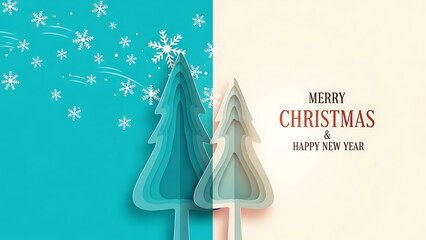 Festive Christmas trees with snowflakes on a vibrant background greeting card