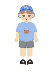 Ilustrasi Anak Laki-Laki Imut Memakai Topi Biru dan Kaos Beruang