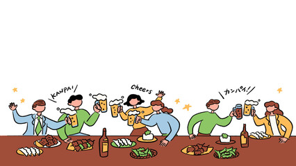 飲み会や居酒屋で新年会や忘年会で乾杯する人物、ビジネスパーソンのベクター手描きイラスト素材セット Vector hand-drawn illustration set of people toasting at Japanese izakayas and drinking parties .
