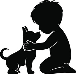 Silhouette of a young child kneeling and hugging a small puppy, concept of pet friendship and childhood love