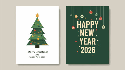 Modern Christmas Tree and Happy New Year 2026 Greeting Card Design, Minimalist Flat Vector Illustration, Festive Holiday Card with Clean Typography