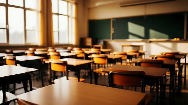 An empty classroom with rows of wooden desks and chairs, bathed in natural light from large windows.