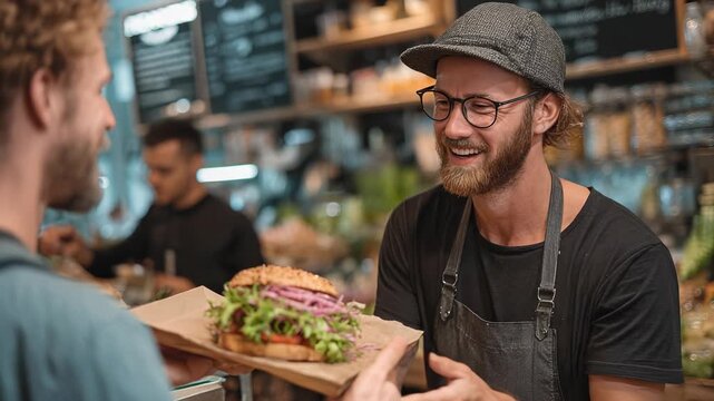 Smiling barista hands customer a gourmet sandwich on paper wrapping in a modern cafe setting.