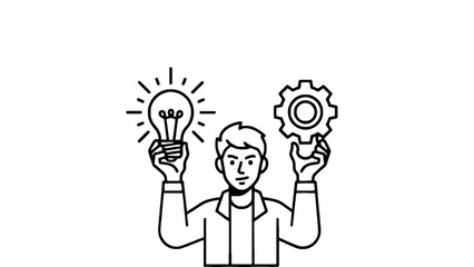 Cartoon man holding lightbulb and gear, symbolizing innovation and creativity ideas