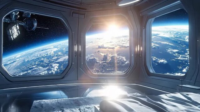 Futuristic Interior Design with Panoramic Windows Showing Earth and Starry Sky with Bed and Soft Lighting