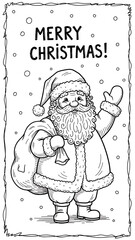 Santa Claus waving with a sack on a snowy day