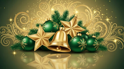 Golden Christmas ornaments and a festive bell on a reflective surface surrounded by elegant decorations and sparkling lights