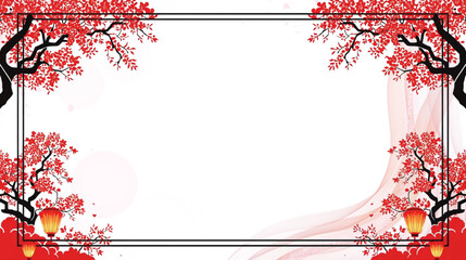 Asian inspired Decorative Frame with Red Cherry Blossoms and Glowing Lanterns