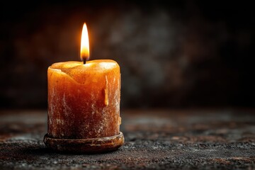 The warm glow of a candle illuminates the dark, rustic setting, creating a vintage ambiance and highlighting its textured wax surface