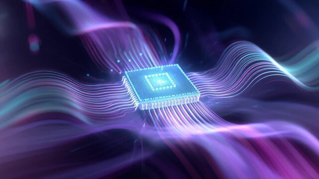 Cybernetic Core: A futuristic rendering of a central processing unit, awash in a cascade of neon hues and intricate circuits, symbolizing technological advancement and digital innovation.