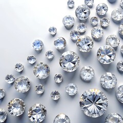 Beautiful shiny diamonds on white background, flat lay. Space for text