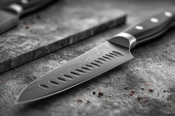A close-up captures the exquisite design of a chef's knife, highlighting its sharp blade, ergonomic handle, and sophisticated pattern. Culinary craftsmanship at its finest