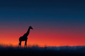 A giraffe is silhouetted against the colorful sunset in an African landscape, evoking the essence of wildlife and the tranquility of the savanna