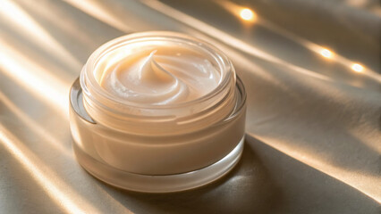 Sensorial skincare ritual. Luxurious skincare cream jar on silky fabric with soft lighting creates elegant ambiance