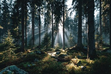 Sun rays pierce a dense forest, lighting mossy rocks and tall trees. Enchanting light enhances the serene, natural woodland beauty