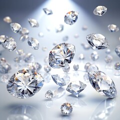 Beautiful shiny diamonds in air on white background