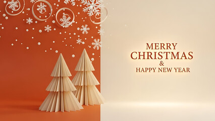 A festive Christmas scene featuring paper trees on a vibrant red background with celebratory greetings