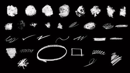 White Hand-Drawn Brush Marks and Scribbles on Black Background &ndash; Abstract Chalk Doodles, Circles and Texture Elements Set
