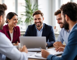 Fototapeta premium A businessman holds a project meeting and works on a laptop in an office among colleagues.