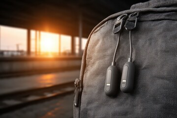 A close-up of a modern gray backpack with zippers and wireless earphones attached, evoking a sense of travel and digital lifestyle