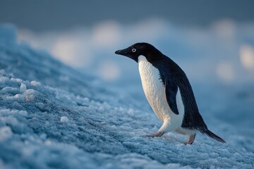 Fototapeta premium A lone Adelie penguin walks across the stark, icy landscape of Antarctica, its black and white plumage contrasting against the cool, blue-tinged ice