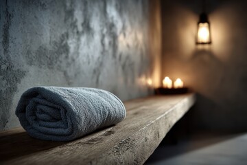 A soft, rolled towel rests on a rustic wooden bench in a spa setting, beside the warm glow of candles and a lantern, inviting relaxation and rejuvenation