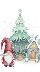 A festive holiday gnome stands beside a decorated Christmas tree and a cozy house on a snowy day.