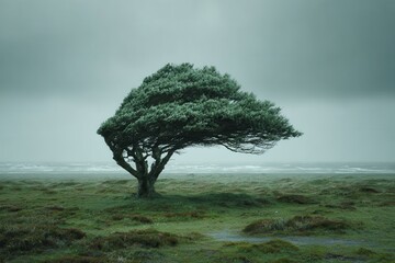 A lone tree stands on a green grassy hill, its branches curved by the persistent wind coming off the ocean, showcasing nature's resilience