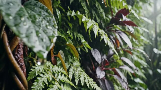 Lush tropical foliage covered in raindrops on a mossy wall in a misty rainforest, 4k