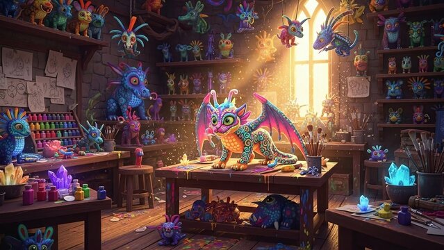 Magical 3D Rendering of a Colorful Alebrije Folk Art Creature in a Traditional Artisan Workshop Setting