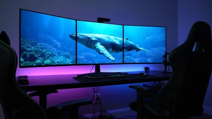 Stunning underwater visuals on curved monitors. Two gaming chairs highlight immersive experience. Exploring ocean ecosystems fascinates viewers. Vibrant colors and sea life create serene atmosphere.