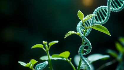 concept of green biotechnology or synthetic biology, graphic of plant with DNA. High quality