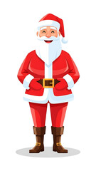A cheerful Santa Claus stands happily in his traditional red costume with a white beard