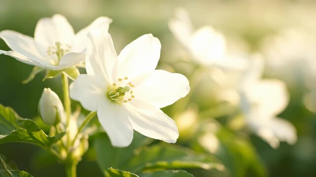 Beautiful white flowers bloom in sunlight. Nature showcases vibrant colors and delicate petals. Ideal for spring and summer themes in gardening and floral designs.
