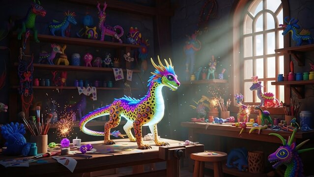 Magical 3D Rendering of a Colorful Alebrije Folk Art Creature in a Traditional Artisan Workshop Setting