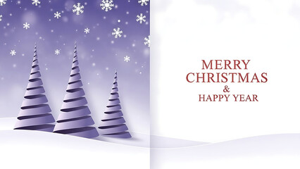 Three purple Christmas trees in a snowy landscape with falling snowflakes under a starry night sky