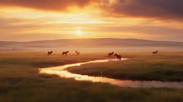 Wild Mustangs Grazing in Lush Meadow Landscape - Western Wildlife, American Horses, Natural Habitat, Scenic Rural Vista.
