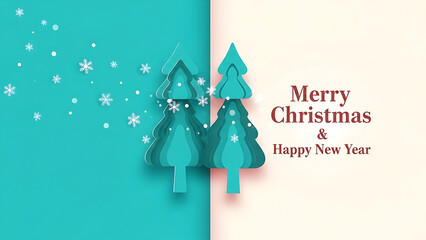 A festive holiday greeting card featuring Christmas trees and celebratory messages on a divided background
