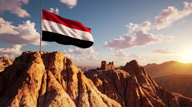 Flag of yemen waving on a rugged mountain peak at sunset with ancient ruins nearby, 4k