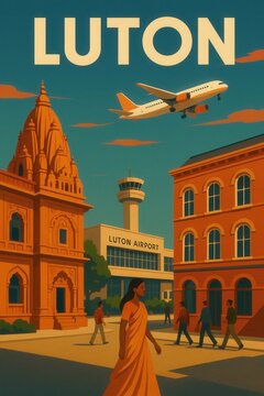 Colorful travel poster of Luton with airplane flying over modern airport terminal and urban buildings with pedestrians and traditional architecture
