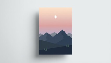 Serene Mountain Sunset Poster with Pink Sky and Peaks.