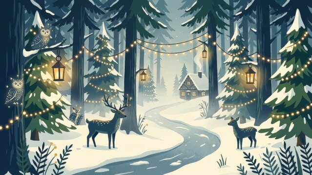 Winter Forest Lane Illuminated by Lanterns and Deer.