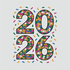 2026 Colorful Mosaic Numbers with Confetti Celebration Design