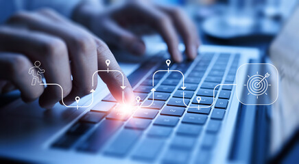 Journey to the goal, business planning concept. The interaction is simplified: Touching a glowing target icon on a connected path with milestones and a running figure. 