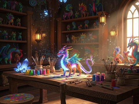 Magical 3D Rendering of a Colorful Alebrije Folk Art Creature in a Traditional Artisan Workshop Setting
